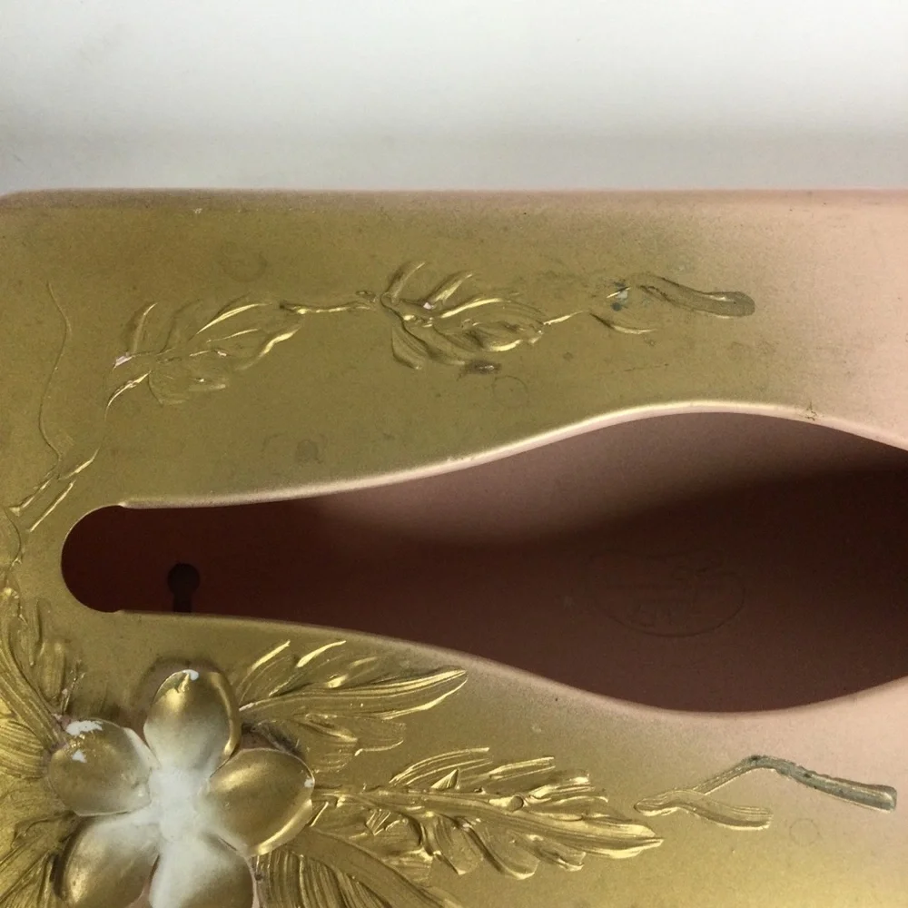 Vintage Ransburg Pink Gold Floral Metal Tissue Box Holder Mountable